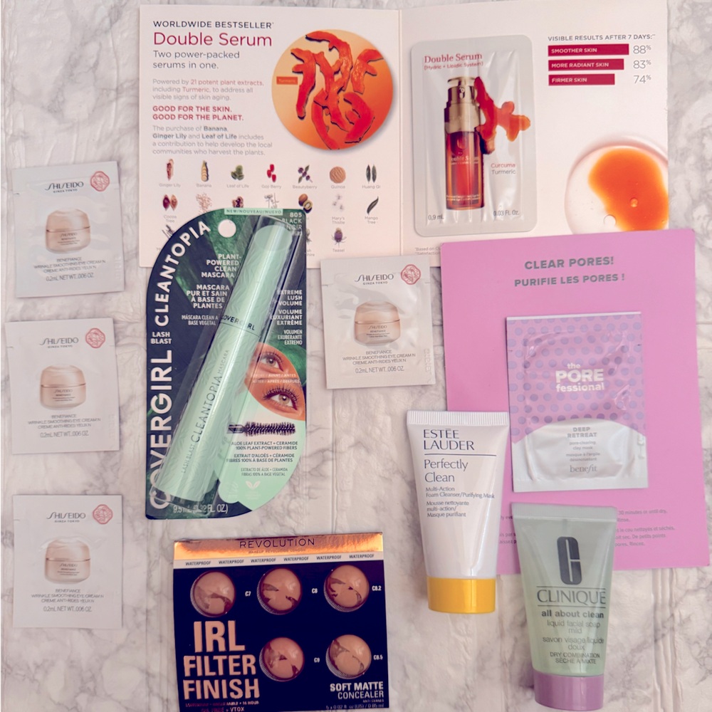 Shiseido eye cream beauty bundle Eatee Lauder cleanser Clarins serum Benefit